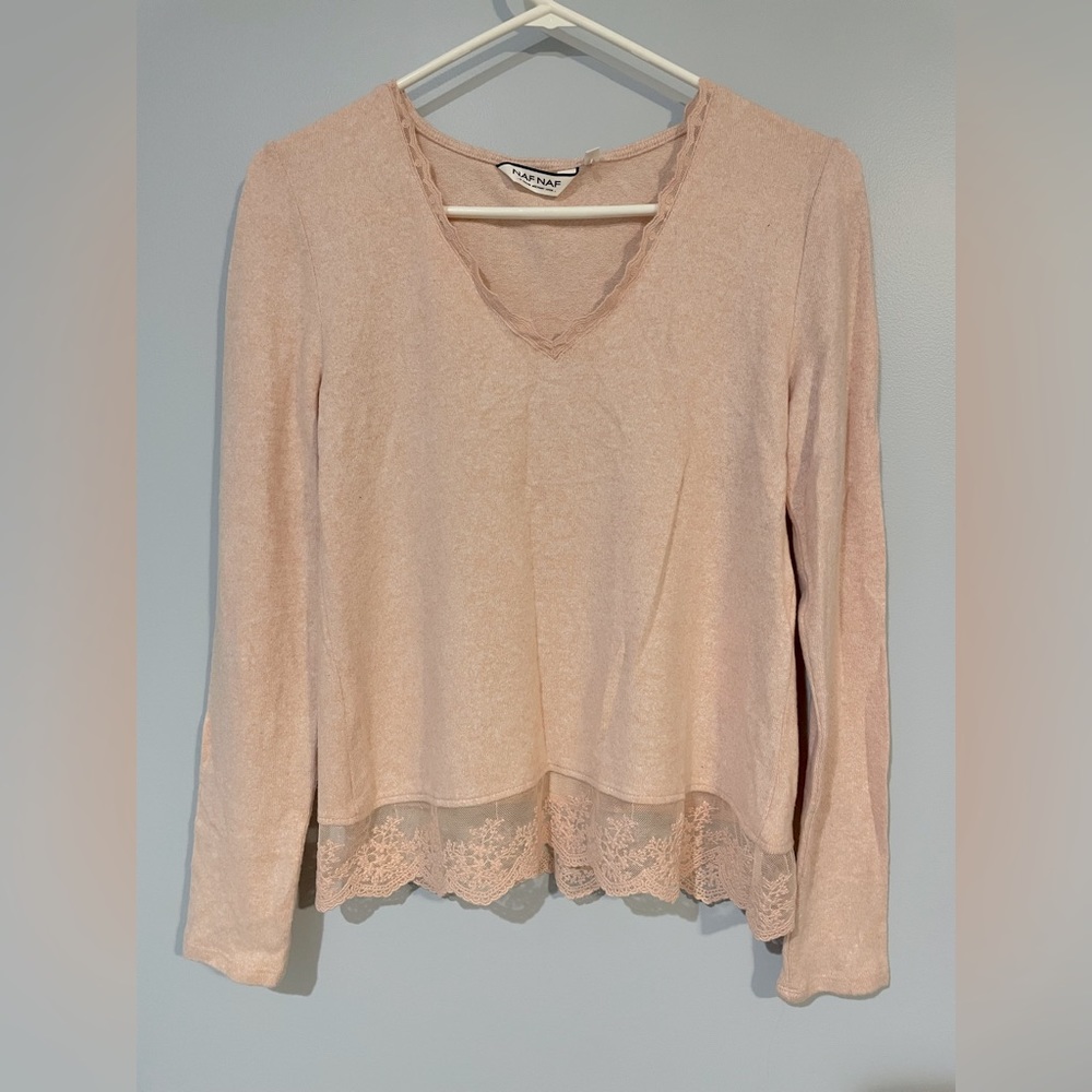 Blush pink super soft sweater with lace accents